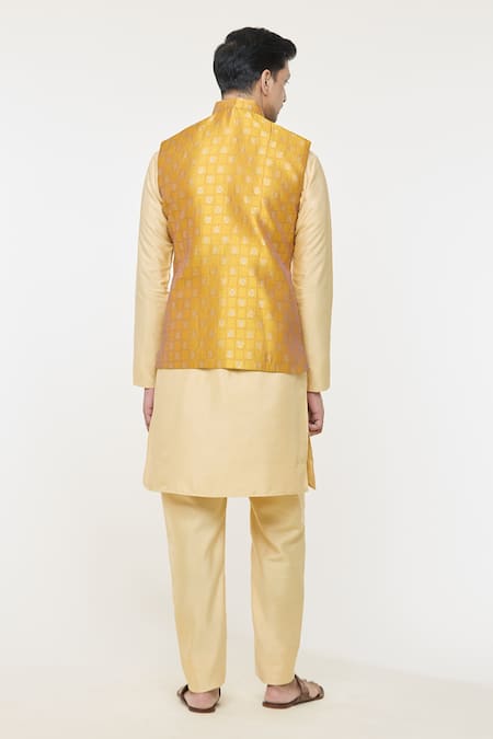 Shop Arihant Rai Sinha Yellow Jacquard, Silk Embroidery Floral Checkered Bundi Kurta Set at Aza Fashions Shop_Arihant Rai Sinha_Yellow Jacquard, Silk Embroidery Floral Checkered Bundi Kurta Set _at_Aza_Fashions