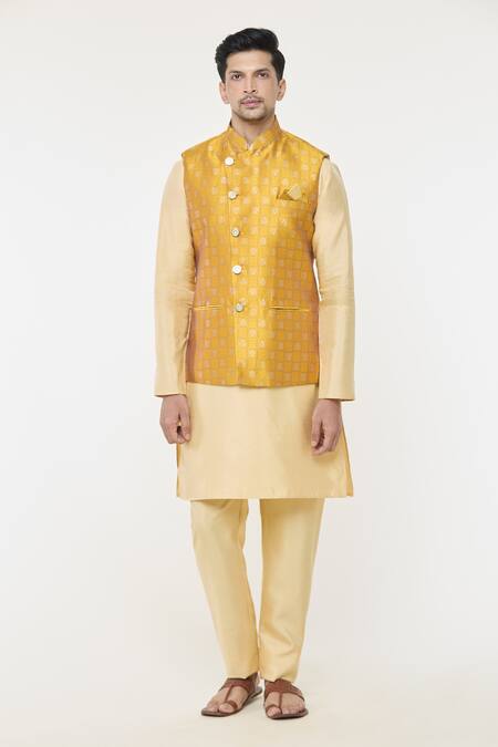 Arihant Rai Sinha Yellow Jacquard, Silk Embroidery Floral Checkered Bundi Kurta Set Online at Aza Fashions Arihant Rai Sinha_Yellow Jacquard, Silk Embroidery Floral Checkered Bundi Kurta Set _Online_at_Aza_Fashions