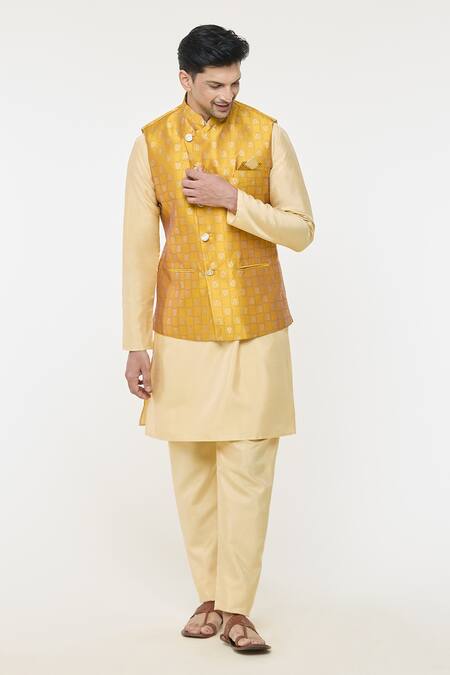 Buy Arihant Rai Sinha Yellow Jacquard, Silk Embroidery Floral Checkered Bundi Kurta Set Online at Aza Fashions Buy_Arihant Rai Sinha_Yellow Jacquard, Silk Embroidery Floral Checkered Bundi Kurta Set _Online_at_Aza_Fashions