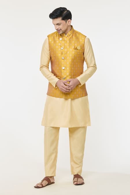 Shop Arihant Rai Sinha Yellow Jacquard, Silk Embroidery Floral Checkered Bundi Kurta Set Online at Aza Fashions Shop_Arihant Rai Sinha_Yellow Jacquard, Silk Embroidery Floral Checkered Bundi Kurta Set _Online_at_Aza_Fashions