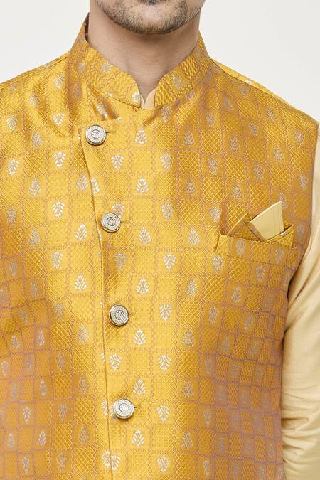 Arihant Rai Sinha Yellow Jacquard, Silk Embroidery Floral Checkered Bundi Kurta Set at Aza Fashions Arihant Rai Sinha_Yellow Jacquard, Silk Embroidery Floral Checkered Bundi Kurta Set _at_Aza_Fashions