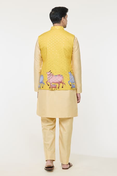 Arihant Rai Sinha Cow Print Threadwork Bundi Kurta Set 