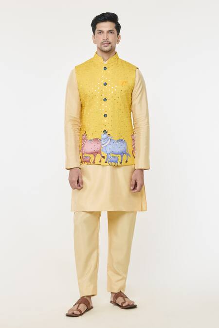 Arihant Rai Sinha_Yellow Cotton, Silk Sequins, Embroidery Cow Print Threadwork Bundi Kurta Set _Online_at_Aza_Fashions