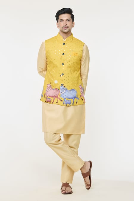 Buy_Arihant Rai Sinha_Yellow Cotton, Silk Sequins, Embroidery Cow Print Threadwork Bundi Kurta Set _Online_at_Aza_Fashions
