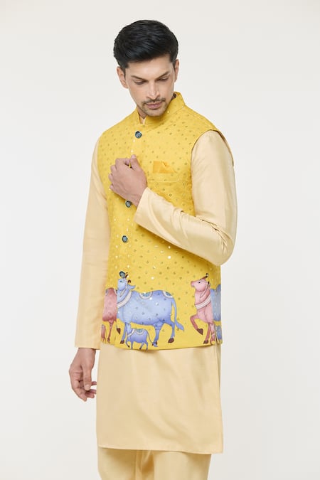 Shop_Arihant Rai Sinha_Yellow Cotton, Silk Sequins, Embroidery Cow Print Threadwork Bundi Kurta Set _Online_at_Aza_Fashions