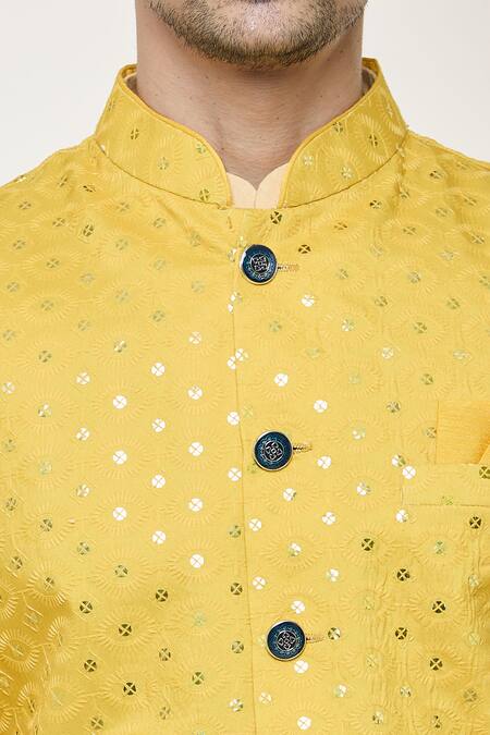 Arihant Rai Sinha_Yellow Cotton, Silk Sequins, Embroidery Cow Print Threadwork Bundi Kurta Set _at_Aza_Fashions
