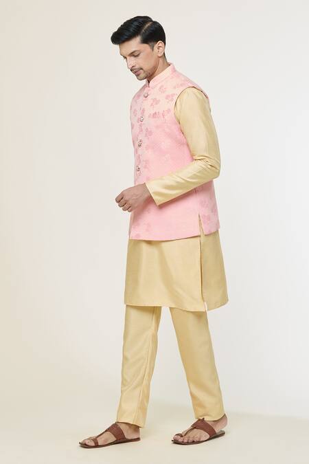 Arihant Rai Sinha Pink Jacquard, Silk Embroidery Floral Woven Bundi Kurta Set Online at Aza Fashions Arihant Rai Sinha_Pink Jacquard, Silk Embroidery Floral Woven Bundi Kurta Set _Online_at_Aza_Fashions
