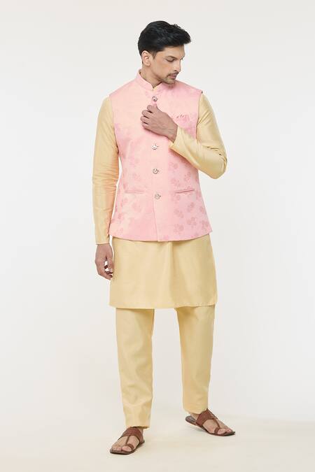 Buy Arihant Rai Sinha Pink Jacquard, Silk Embroidery Floral Woven Bundi Kurta Set Online at Aza Fashions Buy_Arihant Rai Sinha_Pink Jacquard, Silk Embroidery Floral Woven Bundi Kurta Set _Online_at_Aza_Fashions