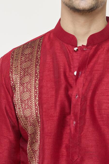 Arihant Rai Sinha_Red Silk Patchwork Printed Panel Kurta _at_Aza_Fashions