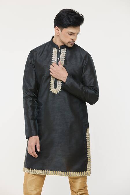 Shop_Arihant Rai Sinha_Black Silk Lace Border Kurta _Online_at_Aza_Fashions