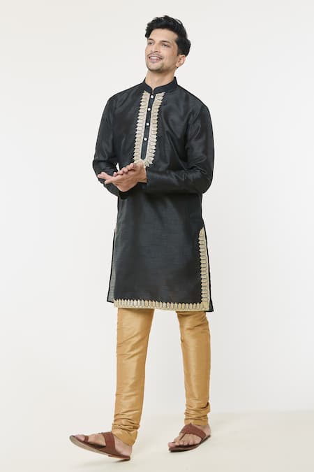 Shop_Arihant Rai Sinha_Black , Chanderi Embroidery Floral Lace Embellished Kurta Set _Online_at_Aza_Fashions