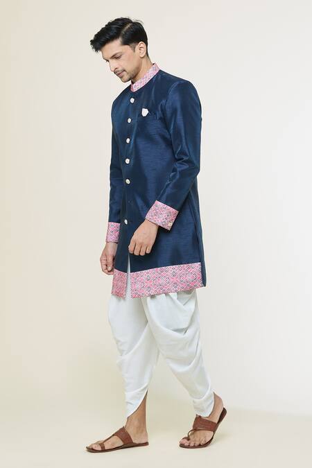 Arihant Rai Sinha_Blue Silk Embroidery Placement Printed Sherwani Set _Online_at_Aza_Fashions