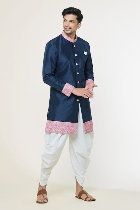 Buy_Arihant Rai Sinha_Blue Silk Embroidery Placement Printed Sherwani Set _Online_at_Aza_Fashions