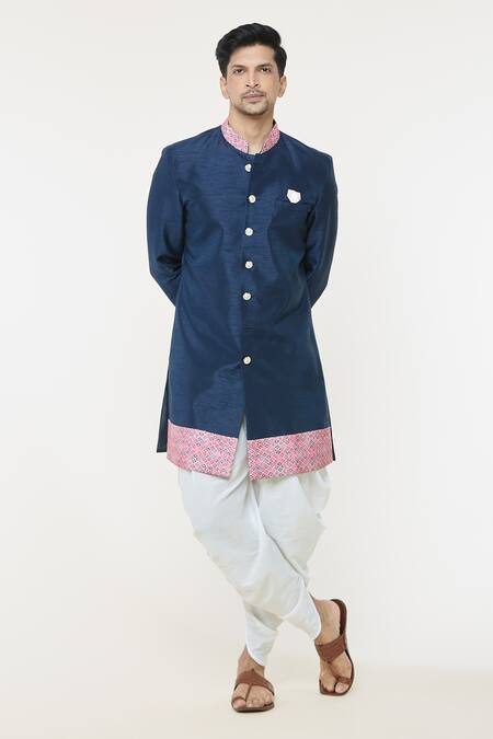 Shop_Arihant Rai Sinha_Blue Silk Embroidery Placement Printed Sherwani Set _Online_at_Aza_Fashions
