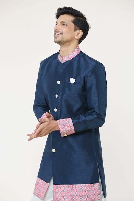 Arihant Rai Sinha_Blue Silk Embroidery Placement Printed Sherwani Set _at_Aza_Fashions