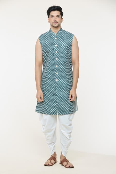 Arihant Rai Sinha_Green Cotton, Silk Geometric Print Jacket Set _Online_at_Aza_Fashions