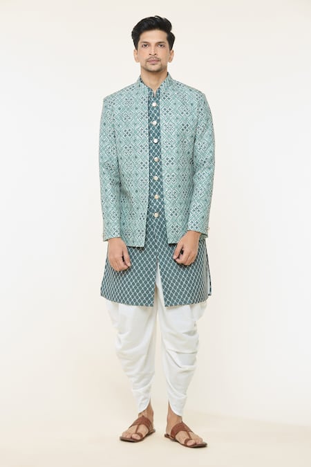 Buy_Arihant Rai Sinha_Green Cotton, Silk Geometric Print Jacket Set _Online_at_Aza_Fashions