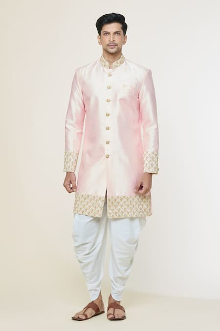 Arihant Rai Sinha_Pink Silk Sequins, Embroidery Border Sherwani Set _Online_at_Aza_Fashions