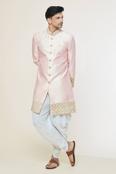 Buy_Arihant Rai Sinha_Pink Silk Sequins, Embroidery Border Sherwani Set _Online_at_Aza_Fashions