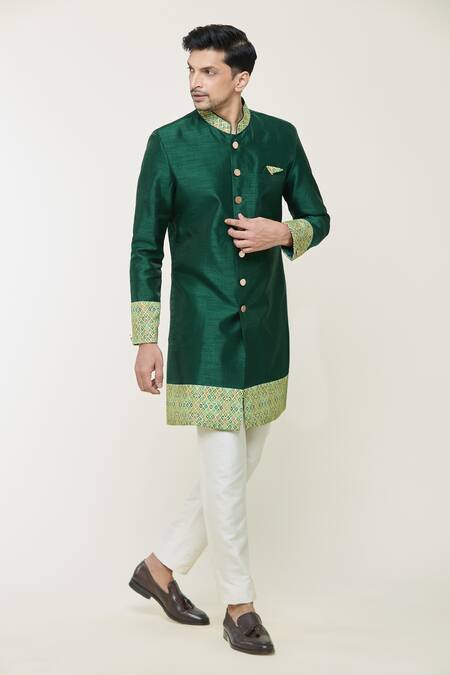 Arihant Rai Sinha_Green Silk, Pashmina Embroidery Geometric Border Print Sherwani Set _Online_at_Aza_Fashions