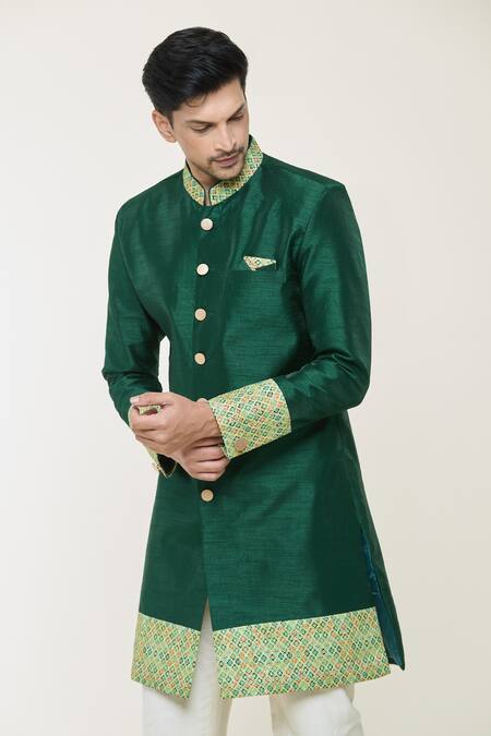 Shop_Arihant Rai Sinha_Green Silk, Pashmina Embroidery Geometric Border Print Sherwani Set _Online_at_Aza_Fashions