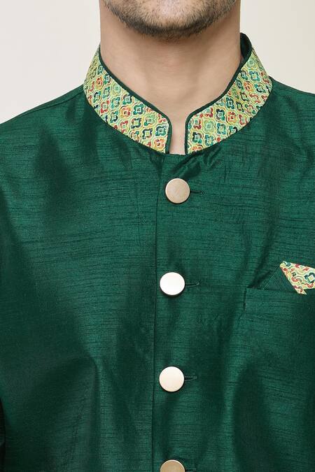 Arihant Rai Sinha_Green Silk, Pashmina Embroidery Geometric Border Print Sherwani Set _at_Aza_Fashions