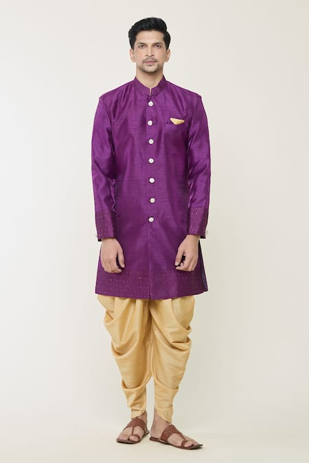 Arihant Rai Sinha_Wine Silk Sequins, Embroidery Cuff Sherwani Set _Online_at_Aza_Fashions