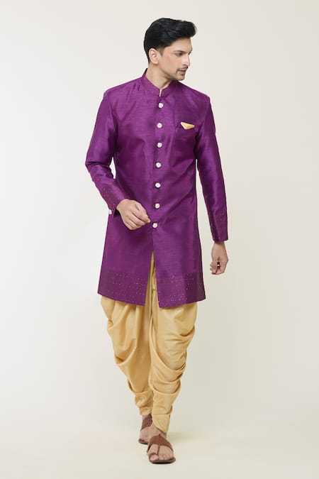 Buy_Arihant Rai Sinha_Wine Silk Sequins, Embroidery Cuff Sherwani Set _Online_at_Aza_Fashions