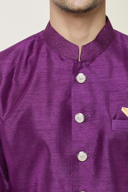 Shop_Arihant Rai Sinha_Wine Silk Sequins, Embroidery Cuff Sherwani Set _Online_at_Aza_Fashions
