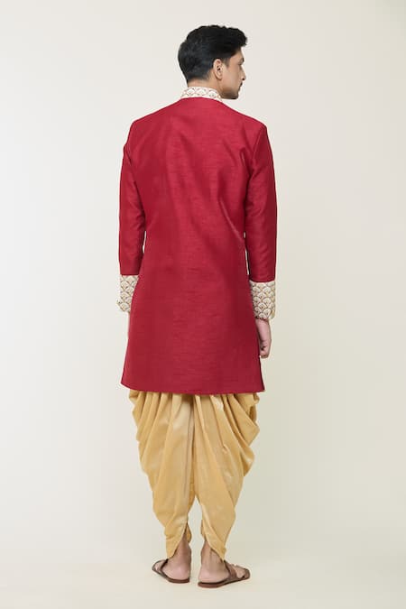 Shop Arihant Rai Sinha Red Silk Sequins, Embroidery Scallop Border Sherwani Set at Aza Fashions Shop_Arihant Rai Sinha_Red Silk Sequins, Embroidery Scallop Border Sherwani Set _at_Aza_Fashions