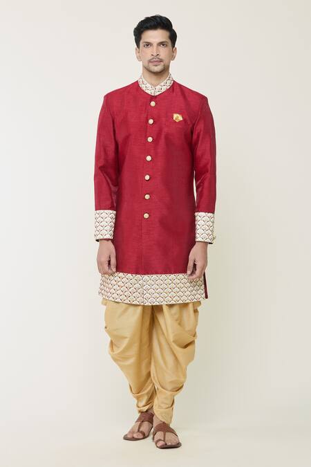 Arihant Rai Sinha Red Silk Sequins, Embroidery Scallop Border Sherwani Set Online at Aza Fashions Arihant Rai Sinha_Red Silk Sequins, Embroidery Scallop Border Sherwani Set _Online_at_Aza_Fashions