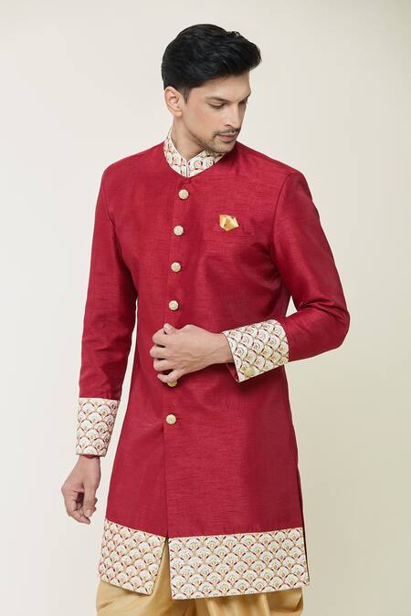Shop Arihant Rai Sinha Red Silk Sequins, Embroidery Scallop Border Sherwani Set Online at Aza Fashions Shop_Arihant Rai Sinha_Red Silk Sequins, Embroidery Scallop Border Sherwani Set _Online_at_Aza_Fashions