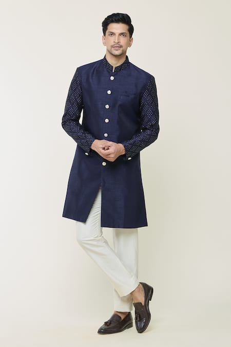 Arihant Rai Sinha Blue Sherwani Silk Woven Thread Set 