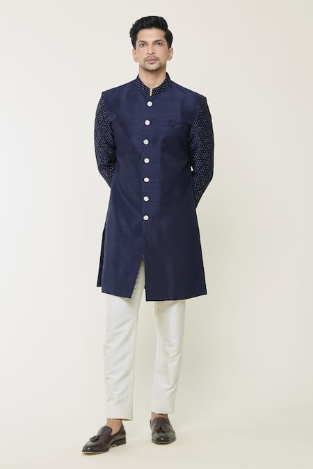 Buy_Arihant Rai Sinha_Blue Silk Embroidery Thread Woven Sherwani Set _Online_at_Aza_Fashions
