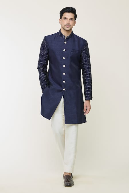 Shop_Arihant Rai Sinha_Blue Silk Embroidery Thread Woven Sherwani Set _Online_at_Aza_Fashions