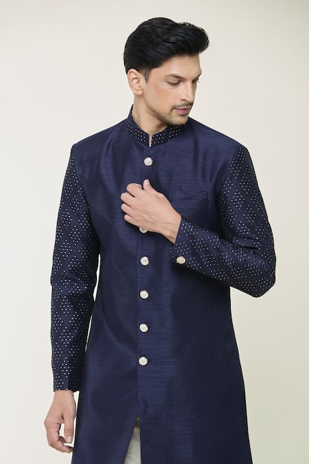 Arihant Rai Sinha_Blue Silk Embroidery Thread Woven Sherwani Set _at_Aza_Fashions
