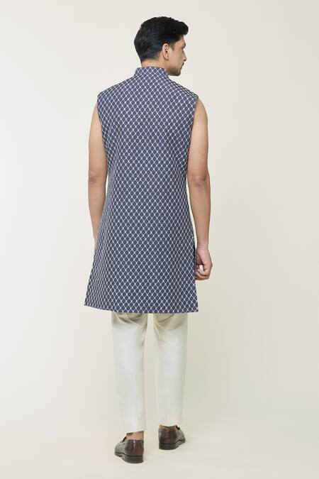 Buy_Arihant Rai Sinha_Navy Cotton, Silk Embroidery Geometric Print Jacket And Bundi Set_Online_at_Aza_Fashions
