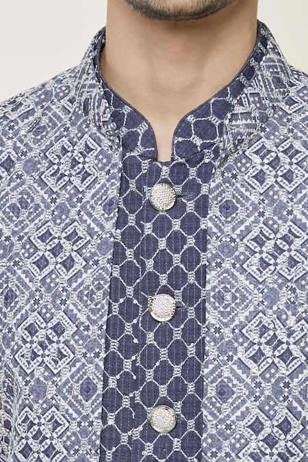 Shop_Arihant Rai Sinha_Navy Cotton, Silk Embroidery Geometric Print Jacket And Bundi Set_Online_at_Aza_Fashions