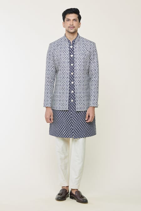Arihant Rai Sinha_Navy Cotton, Silk Embroidery Geometric Print Jacket And Bundi Set_at_Aza_Fashions