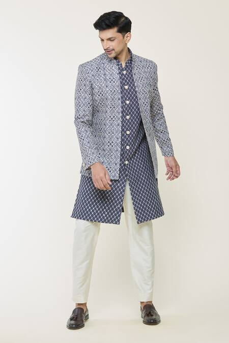 Buy_Arihant Rai Sinha_Navy Cotton, Silk Embroidery Geometric Print Jacket And Bundi Set