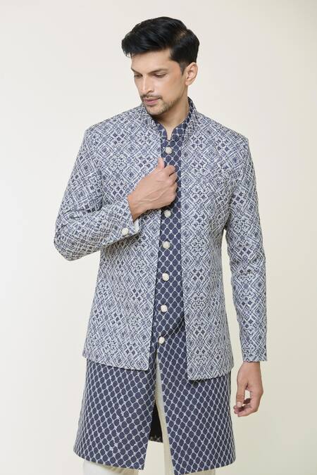 Shop_Arihant Rai Sinha_Navy Cotton, Silk Embroidery Geometric Print Jacket And Bundi Set