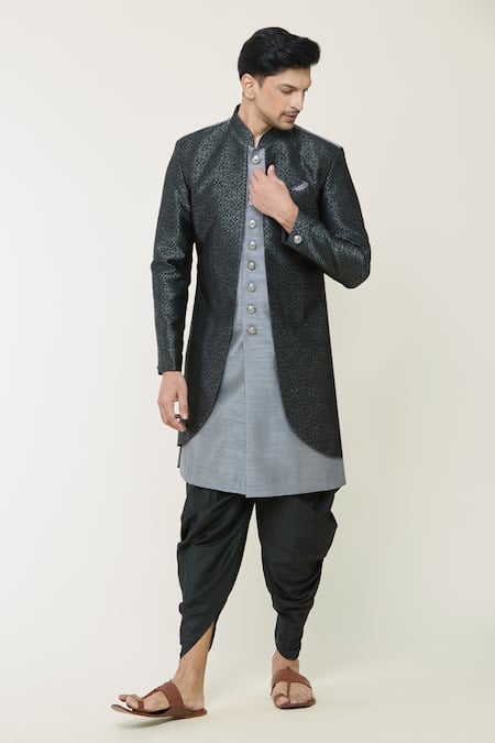 Arihant Rai Sinha Grey Sherwani Silk Woven Geometric Jacket Set 