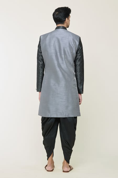 Shop Arihant Rai Sinha Grey Silk Geometric Woven Sherwani Jacket Set at Aza Fashions Shop_Arihant Rai Sinha_Grey Silk Geometric Woven Sherwani Jacket Set _at_Aza_Fashions
