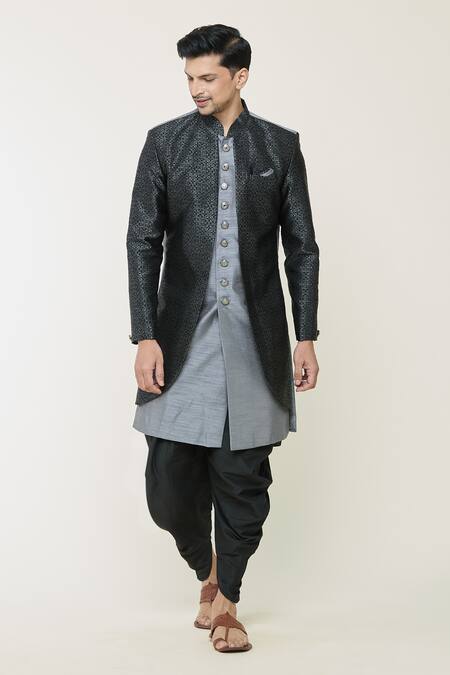 Shop Arihant Rai Sinha Grey Silk Geometric Woven Sherwani Jacket Set Online at Aza Fashions Shop_Arihant Rai Sinha_Grey Silk Geometric Woven Sherwani Jacket Set _Online_at_Aza_Fashions