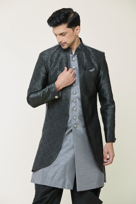 Arihant Rai Sinha Grey Silk Geometric Woven Sherwani Jacket Set at Aza Fashions Arihant Rai Sinha_Grey Silk Geometric Woven Sherwani Jacket Set _at_Aza_Fashions