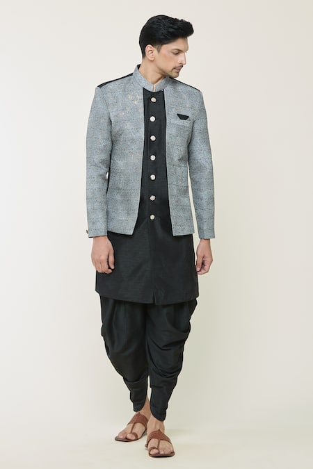 Shop_Arihant Rai Sinha_Grey Silk Embroidery Floral Woven Sherwani Set _Online_at_Aza_Fashions