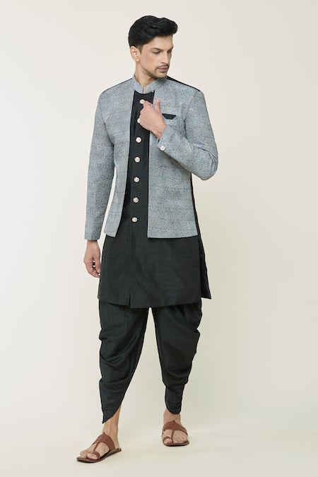 Arihant Rai Sinha_Grey Silk Embroidery Floral Woven Sherwani Set _at_Aza_Fashions