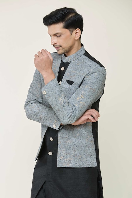 Buy_Arihant Rai Sinha_Grey Silk Embroidery Floral Woven Sherwani Set 