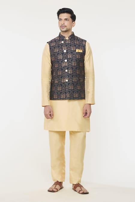 Arihant Rai Sinha Blue Jacquard, Silk Embroidery Floral Woven Bundi And Kurta Set Online at Aza Fashions Arihant Rai Sinha_Blue Jacquard, Silk Embroidery Floral Woven Bundi And Kurta Set _Online_at_Aza_Fashions