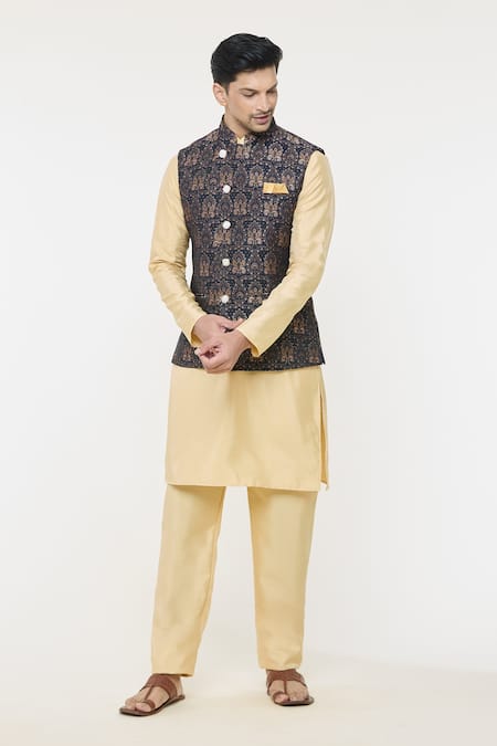 Buy Arihant Rai Sinha Blue Jacquard, Silk Embroidery Floral Woven Bundi And Kurta Set Online at Aza Fashions Buy_Arihant Rai Sinha_Blue Jacquard, Silk Embroidery Floral Woven Bundi And Kurta Set _Online_at_Aza_Fashions